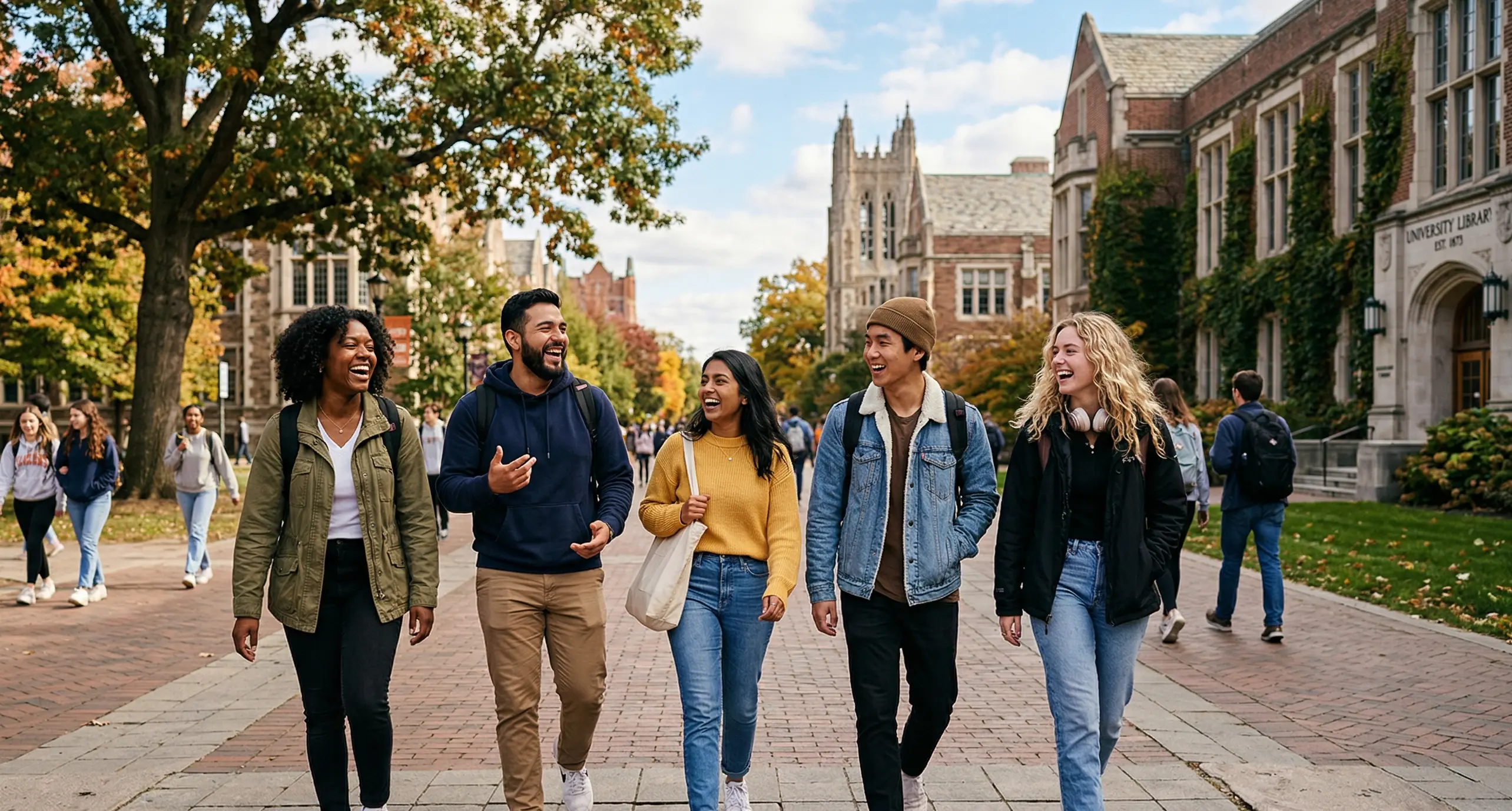 University students walking on a modern campus representing financial success