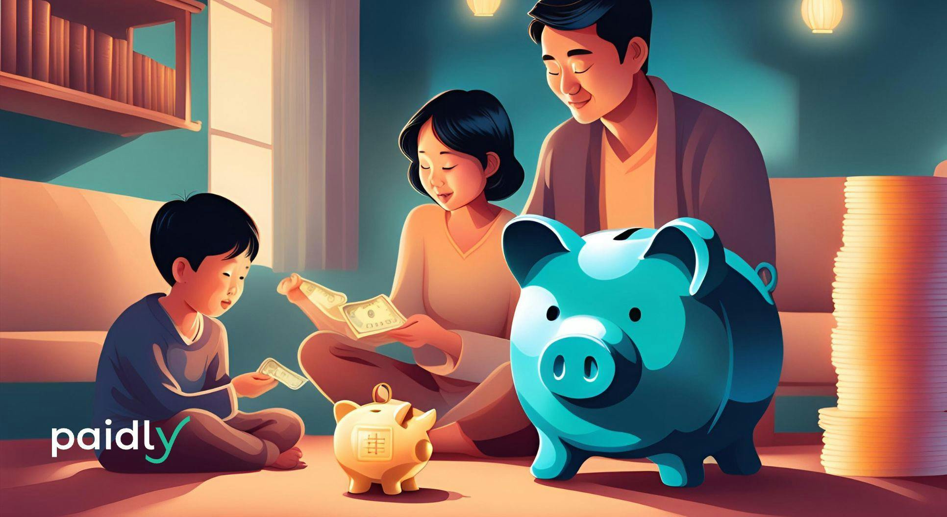 Parents sitting and saving for 529 plans with child