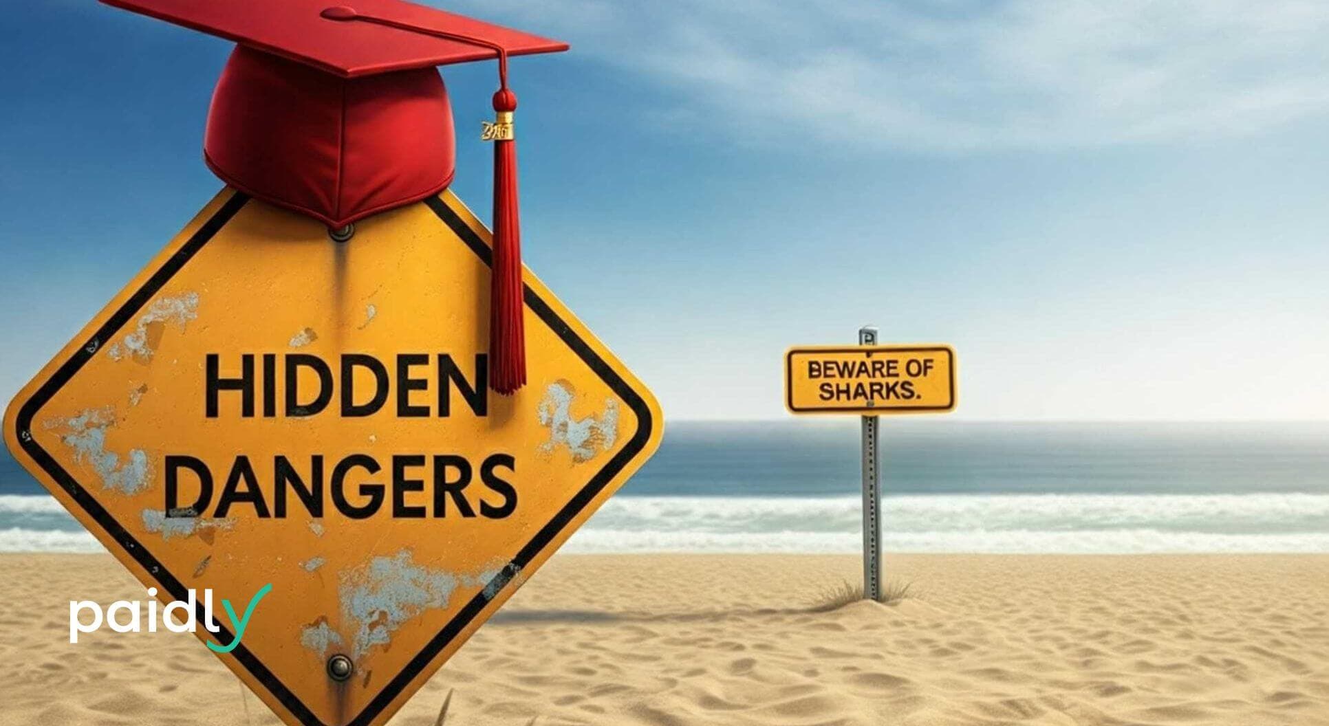 sign with graduation cap over hidden dangers, and a sign in the distance beware of sharks