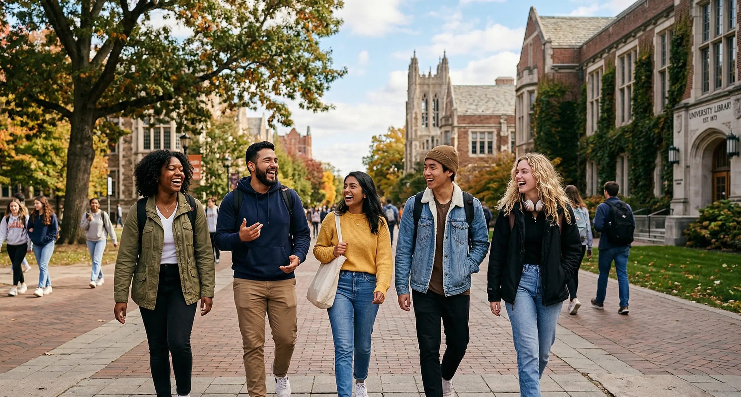 University students walking on a modern campus representing financial success