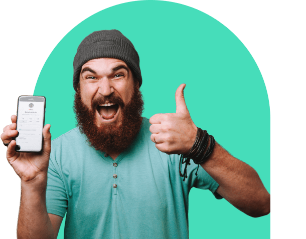 Bearded man holding Paidly donation page on phone with thumbs up
