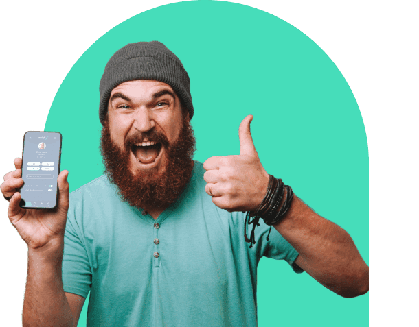 Bearded man holding Paidly donation page on phone with thumbs up Bearded man holding Paidly donation page on phone with thumbs up
