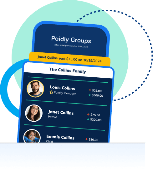 Paidly Groups - Invite family and friends to contribute directly to your child's 529 college savings account Paidly mobile App showing Paidly groups