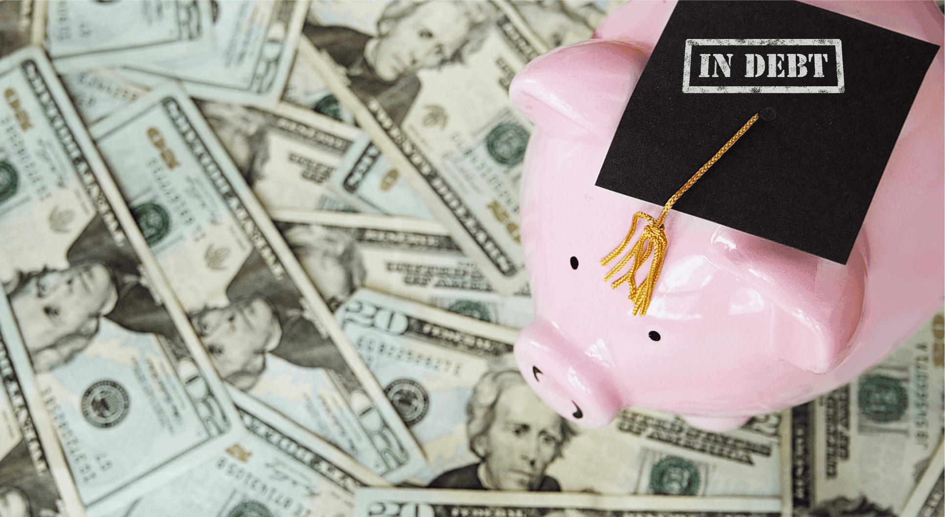 paper money and piggy bank wearing graduation cap