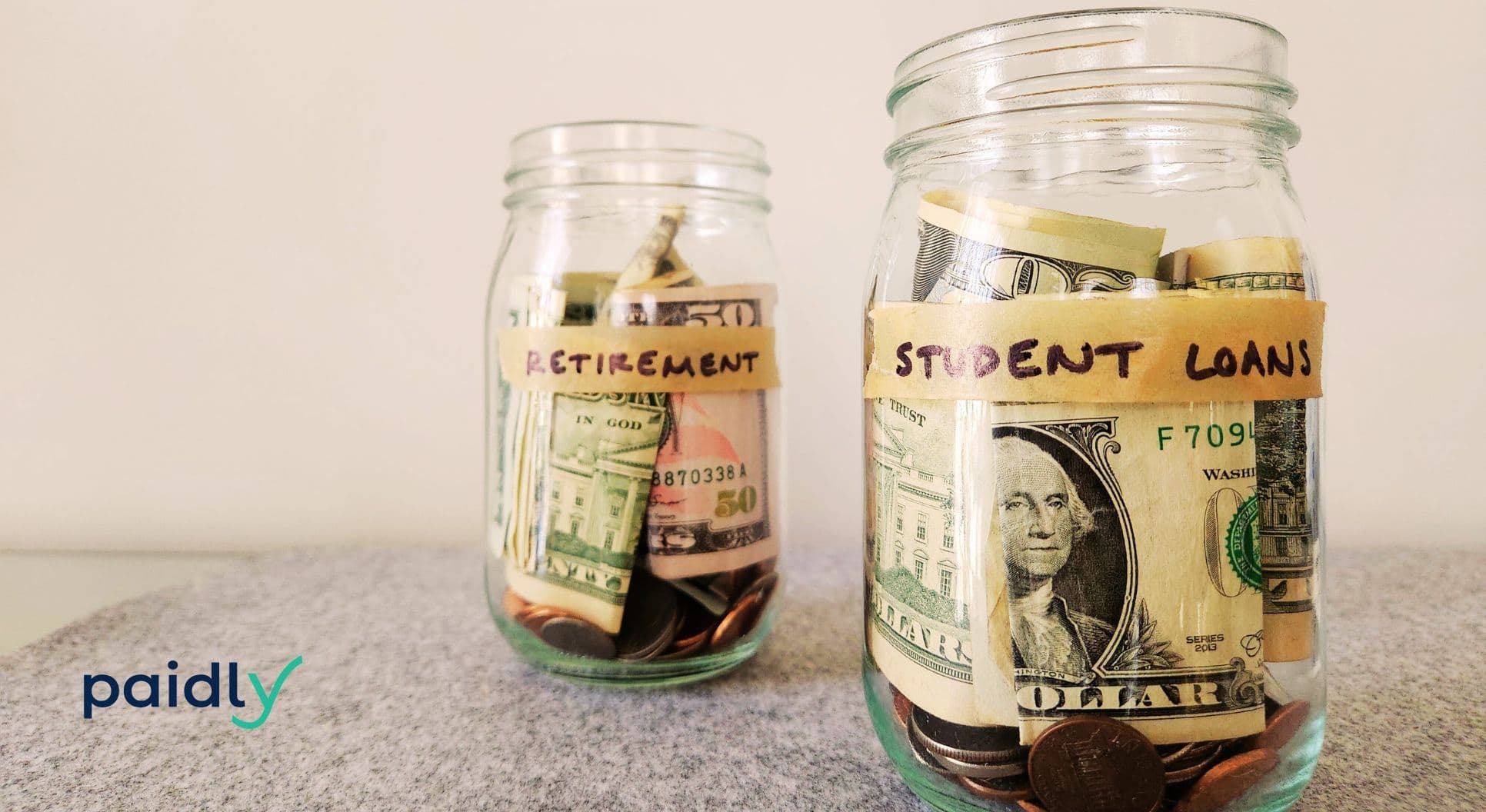 401(k) Match for Student Loans: New Benefit Explained Retirement savings and student loan repayment. Two jars filled with money, illustrating 401k match for student loans with Paidly.