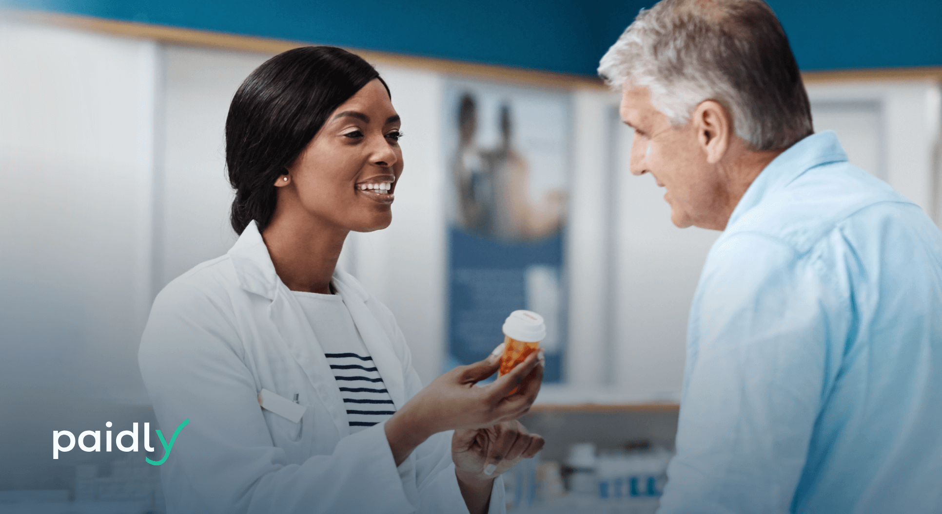Curing the Pharmacist Student Debt Endemic with Employer Benefits Pharmacist serving customer with Paidly logo